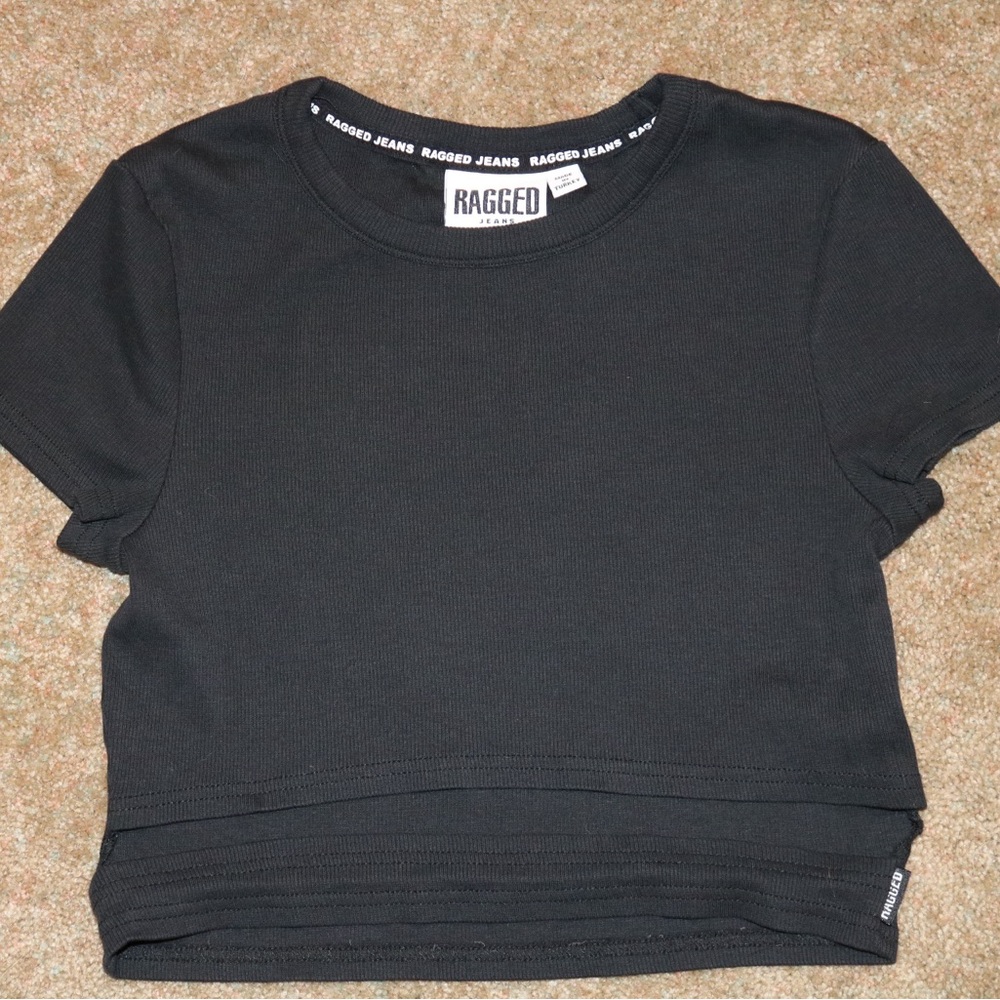 Ragged Jeans by Ragged Priest Black Ribbed Short Sleeve Tee - Logo Neck Trim